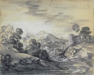 Paysage boisé avec château, vers 1785-88 (craie noire et blanche sur papier vergé)